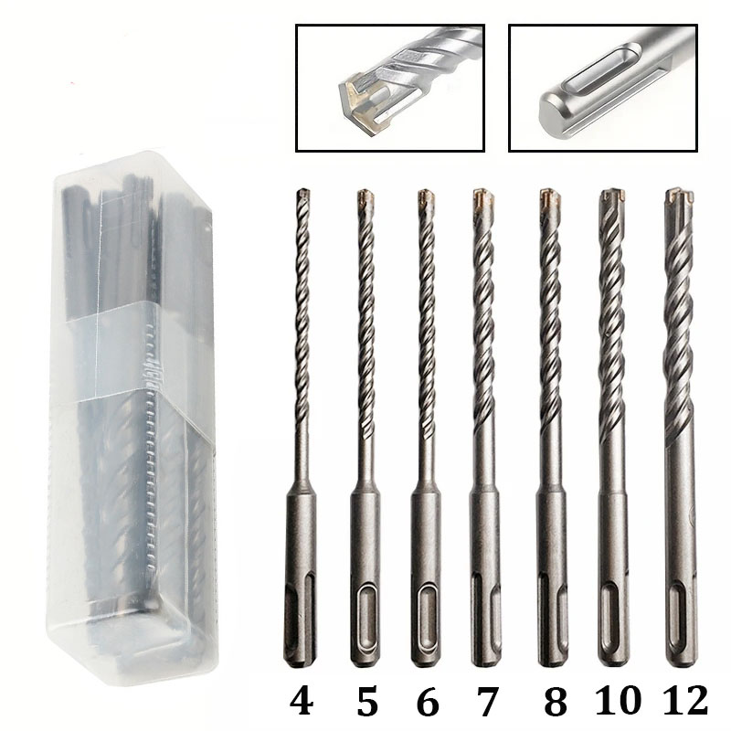 Concrete Breaker Demolition - ドリルビットセット 7本セット、コンクリートドリルビット 160mm(直径4、5、6、7、8、10、12mm)、4つの刃先を持つハンマードリルビット